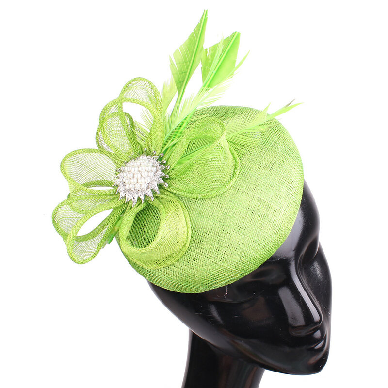 Topi Fedora Formal pesta Vintage, kualitas tinggi 4 Lapis hijau Sinamay Fascinator topi bando pesta pengantin klip hiasan kepala