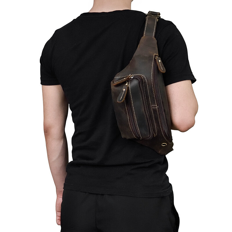 MAHEU leather belt pouch men casual cowskin waist bags of male crazy horse leather waist pack with earphone hole fanny pack