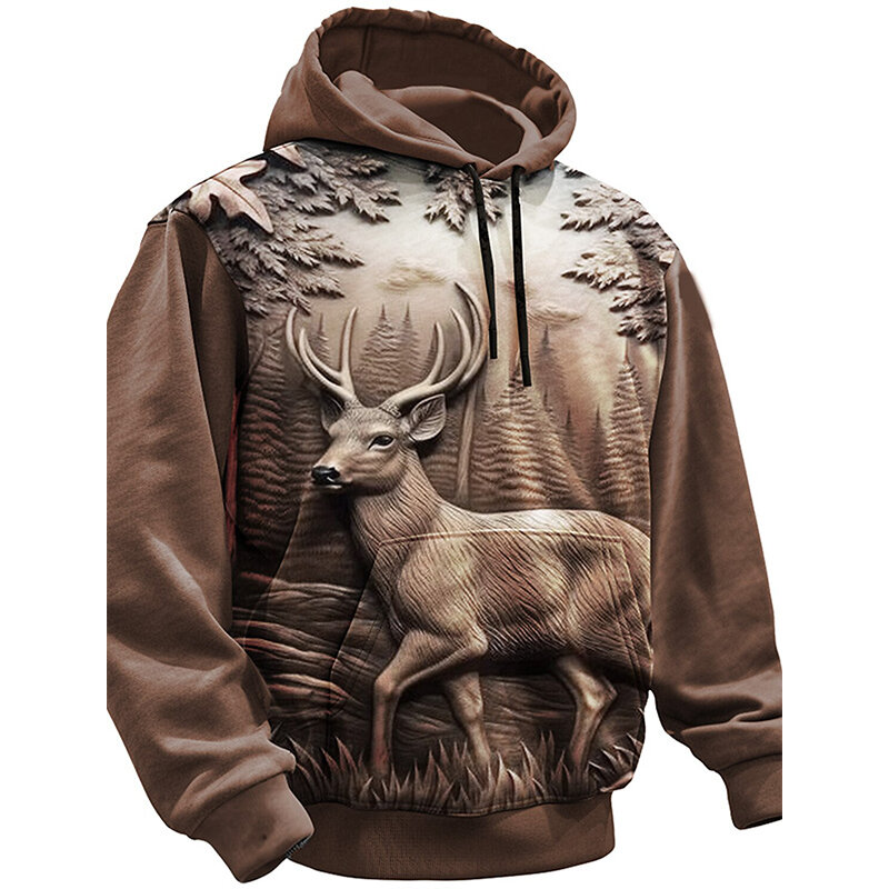 Sudadera con capucha con estampado 3D de ciervo para hombre, sudadera deportiva de manga larga, ropa de calle de gran tamaño