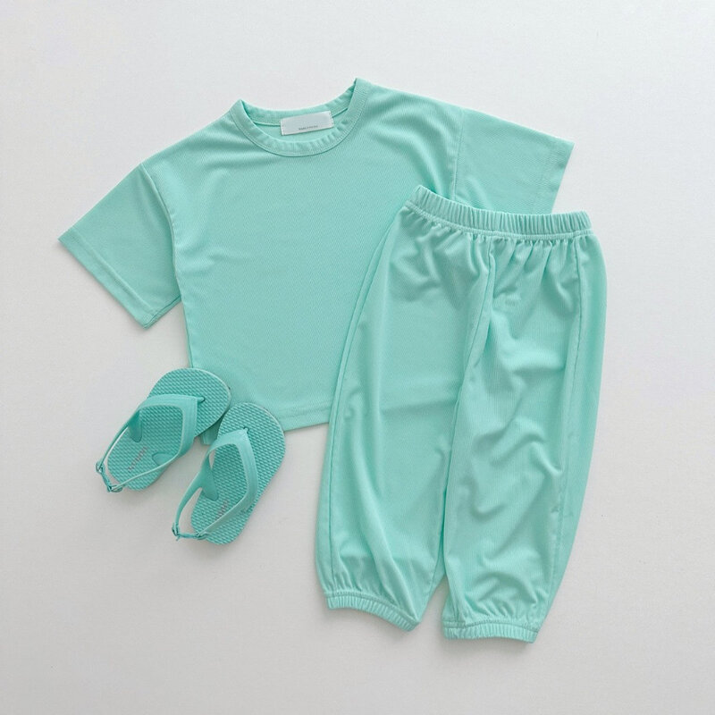 Комплект летней детской домашней одежды, Однотонная футболка с коротким рукавом и штаны для маленьких девочек, тонкий повседневный комплект из 2 предметов для маленьких мальчиков