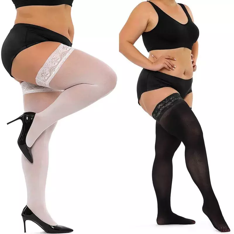 Medias de rejilla de talla grande para mujer, calcetín largo de encaje, medias hasta el muslo, Sexy, negro y blanco, XXXXL