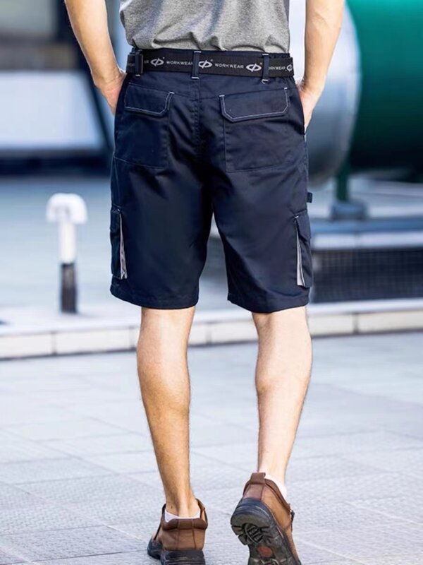 Męskie spodnie Cargo tkanina poliestrowa bawełniana dla mechanika krótkie spodnie robocze z wieloma funkcjonalne narzędzie kieszeniami w jednolitym kolorze