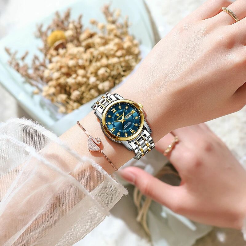 POEDAGAR 여성용 럭셔리 쿼츠 손목시계, 방수 스테인리스 스틸, 야광 날짜, 주간, 원피스 시계