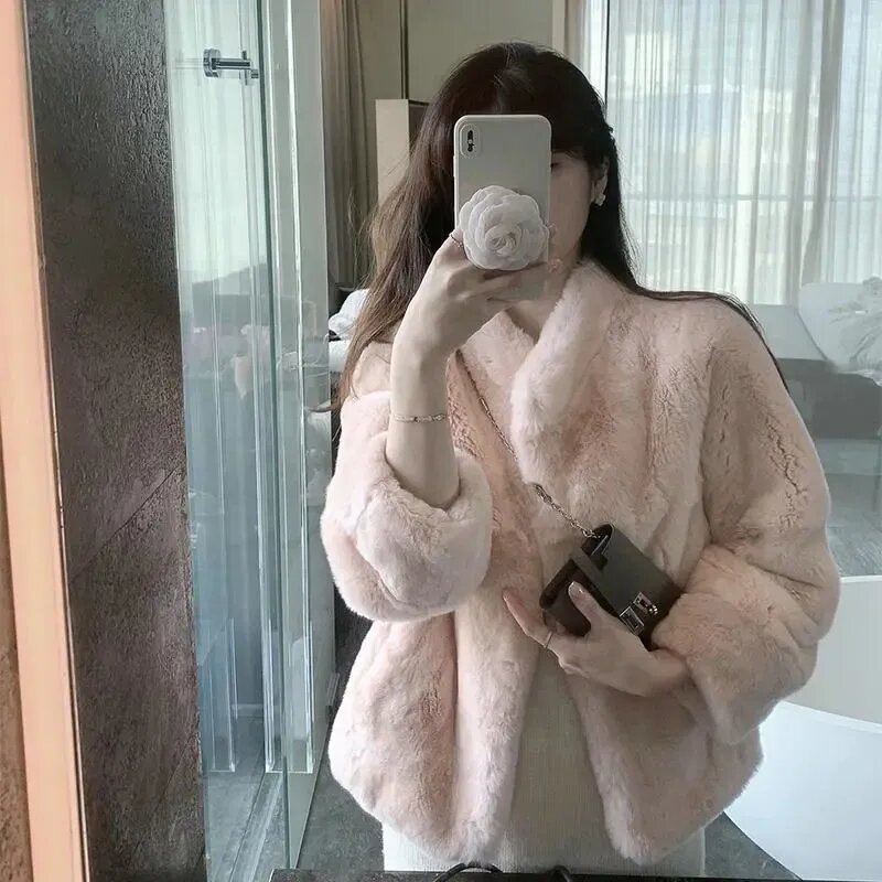 Abrigo de piel sintética de cordero rosa para mujer, chaquetas gruesas y cálidas de piel sintética, abrigos cortos coreanos de conejo de imitación, Otoño e Invierno