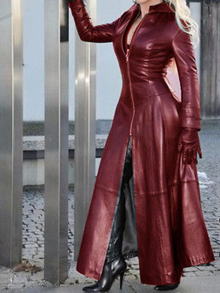 2022ใหม่ผู้หญิงแฟชั่นคุณภาพดีคอตั้งยาวหนังสังเคราะห์เสื้อผู้หญิงหลวม Zipper Pu ชุดคลุมแขนยาวสำหรับ Wome