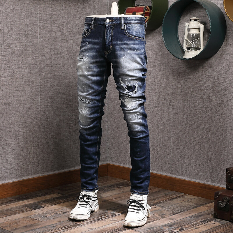 Jeans Pria Mode Jalanan Tinggi Jeans Sobek Pas Badan Elastis Biru Retro Celana Panjang Antik Pria Celana Merek Desainer Tambalan Hombre