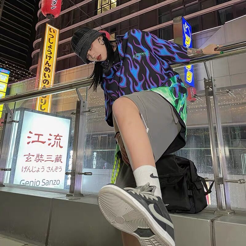Nam Nữ Nhật Bản Harajuku Yamamoto Phong Cách Áo Mùa Hè Dạo Phố Sang Trọng Cao Cấp Thời Trang Lửa Ngọn Lửa In Hình Nhảy Hip Hop Cao Cấp