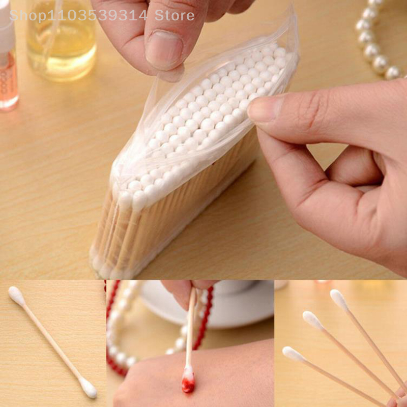 100Pcs/Bag 7.2cm Double Head Disposable Makeup Cotton Swab Soft Cotton Buds For Medical Wood Sticks Nose Ears Cleaning Tools