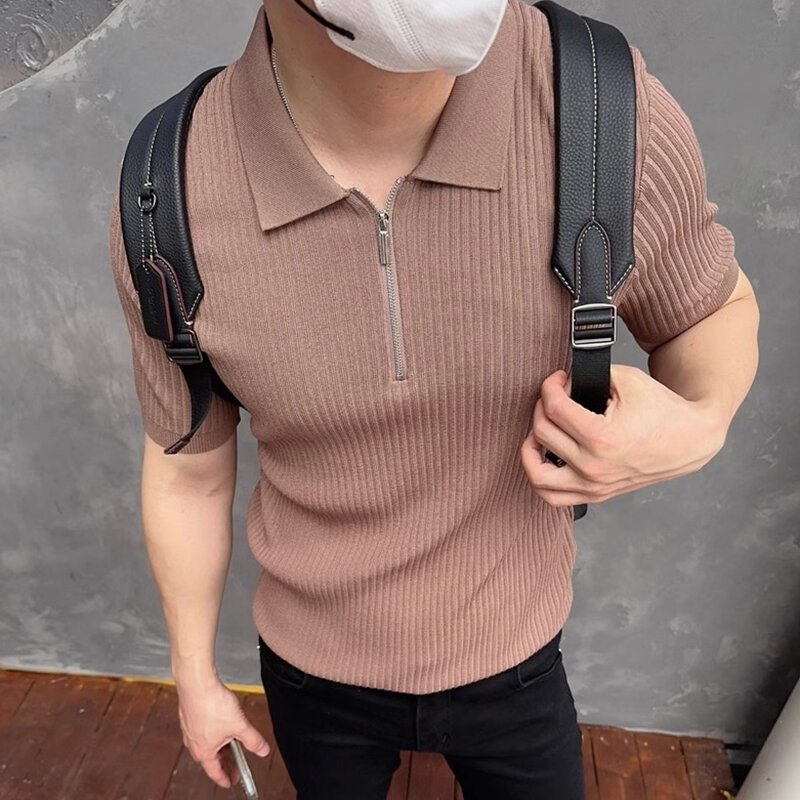 Streetwear Men's Knitting Polo Shirts Slim Fit Breathable Ice Silk Knit Tops Men Summer Casual Lapel Zipper Solid Color Polo Tee