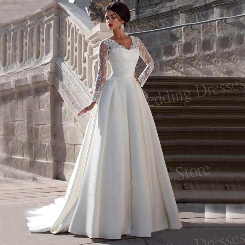 Modest Exquisite V Neck Wedding Dresses A-line Satin Lace Appliques Bride Gowns with Long Sleeves Backless Illusion New Princess