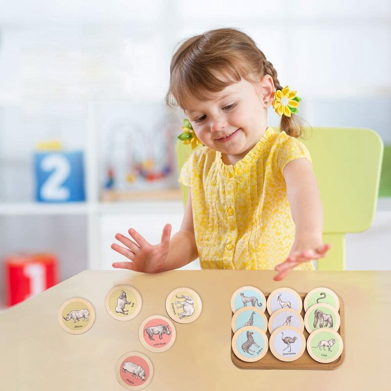 Baby Wooden Chips Colorful Round Cards Montessori Education Learning Animal Toys for Kids Parent-child Interaction Puzzle Game