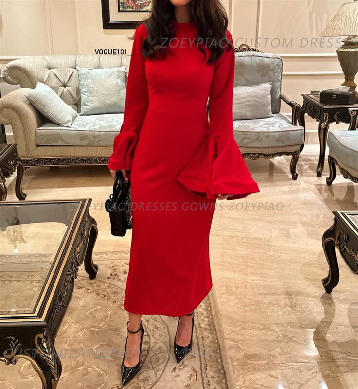 Czerwona sukienka wieczorowa z satyny z dekoltem w szpic dla kobiet Elegancka suknia wieczorowa z pełnymi rękawami Midi Vestidos