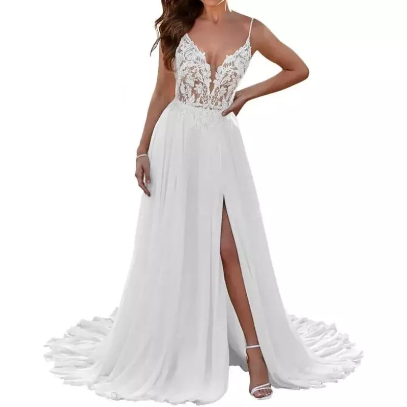 Wakuta gaun pernikahan kerah V dalam gaun pengantin renda bordir sifon gaun pengantin gaun pernikahan pantai untuk pengantin vestidos formal