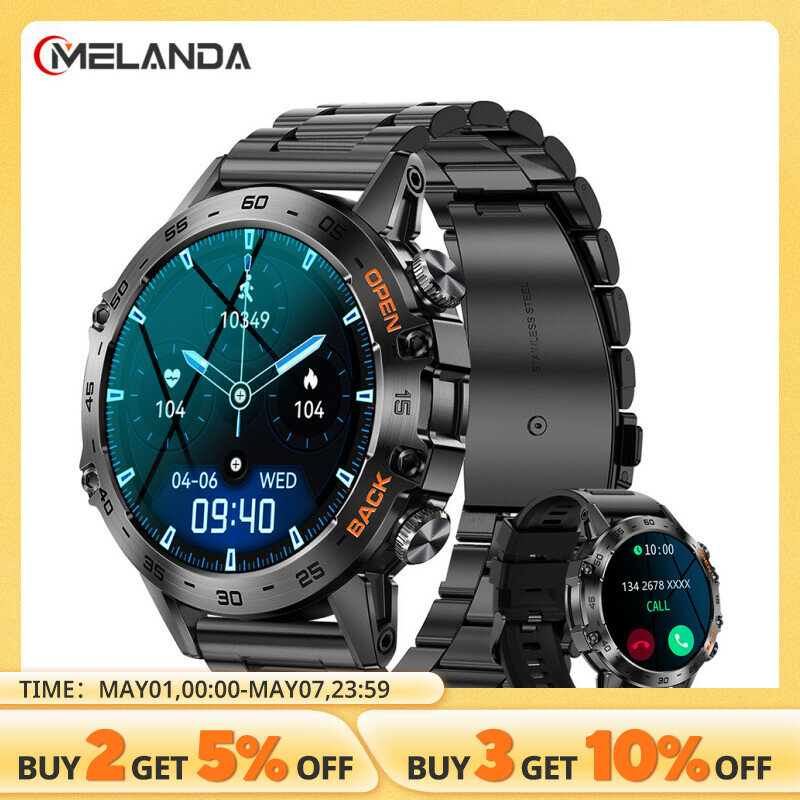 MELANDA-reloj inteligente de acero para hombre, accesorio de pulsera resistente al agua IP67 con llamadas, Bluetooth, seguimiento de actividad deportiva, compatible con Android e IOS, K52, 1,39 pulgadas