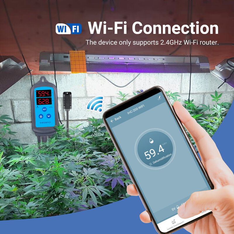 وحدة تحكم WiFi من INKBIRD ، تحكم بتطبيق ذكي ، مقياس رطوبة بشاشة رقمية مزدوجة ، مقبس بمنبه مرتفع ومنخفض ، الرطوبة