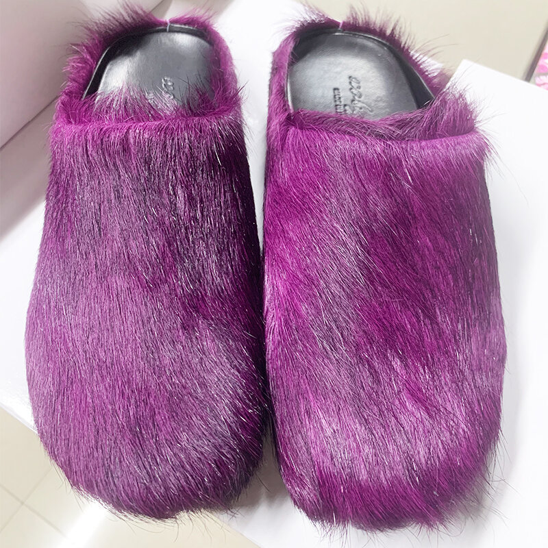 Fashion Design Men Mules Slippers Italy new Moccasins Fur Horsehair Flat Shoes Women Genuine Leather Casual Slipper For outdoor