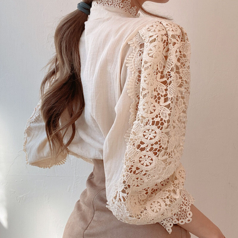 Женская шифоновая блузка на пуговицах, элегантная пушистая блузка с длинным рукавом и цветочным кружевом, белая ажурная блузка оверсайз, 2024