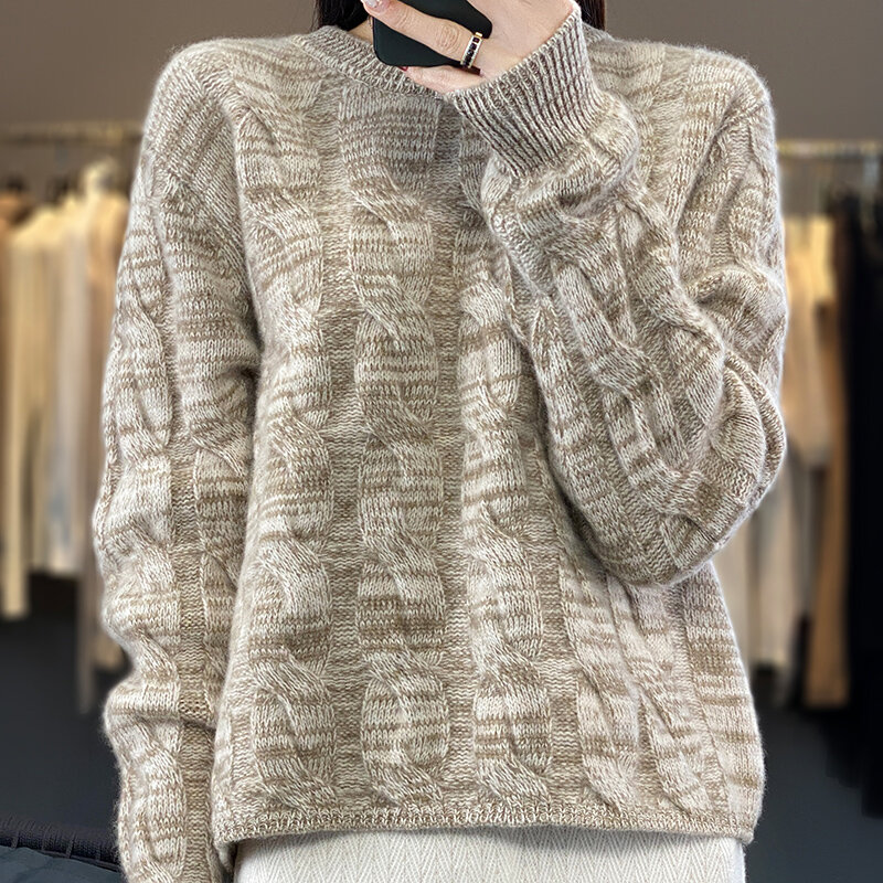 Jesień/zima 2024 nowy 100% czysty sweter damski sweter z okrągłym dekoltem z okrągłym dekoltem nowy, luźny sweter