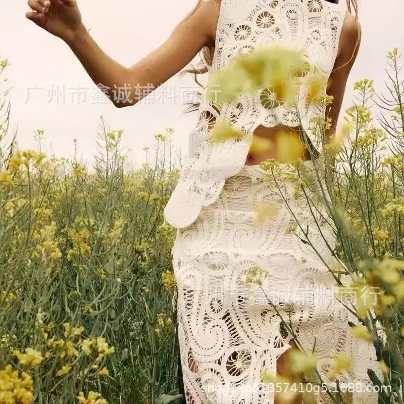 Kobiety szykowny haczyk z kwiatem wydrążonej zestaw spódnic moda z okrągłym dekoltem Top bez rękawów nieregularne brzegi spódnica garnitur 2023 jesienna damska elegancka sukienka