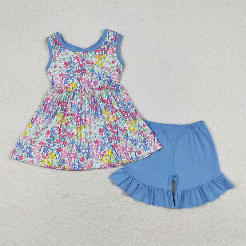 Grosir set baju dua potong bayi perempuan, atasan tunik motif bunga tanpa lengan, celana pendek berkerut musim panas untuk anak bayi balita perempuan