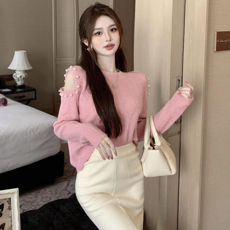 Round Neck Fashion Retro Solid Color Knitted Top Spring Korean Version Long-Sleeved Lady Style All-Match Autumn