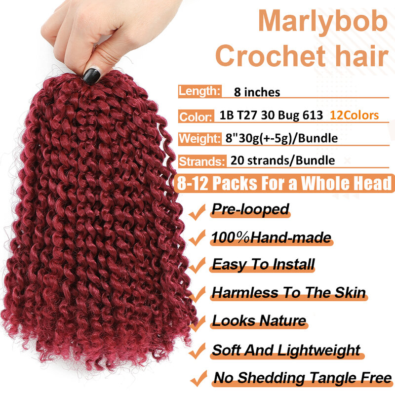 1-12 Bundles Short Marlybob Crochet Hair 8 Inches Ombre  Extensions Marlybob Jerry Curl Jamaican Bounce Soft Locs Crochet Hair