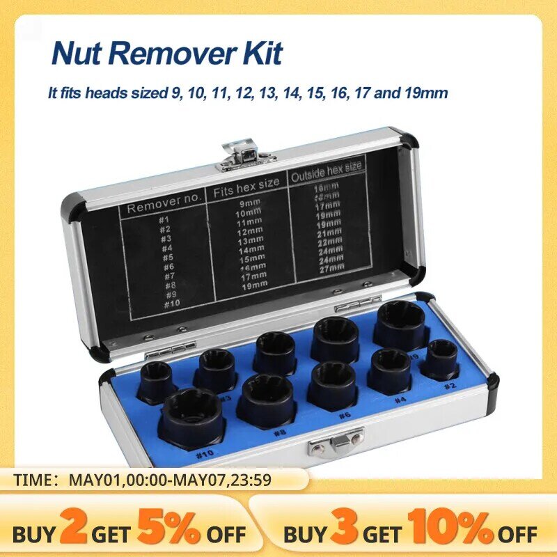 10 cái bị hỏng Nut Bolt extractor ổ cắm đầu để có lục giác vít Công cụ vít Remover threading Tool Kit Đen Nuts Set