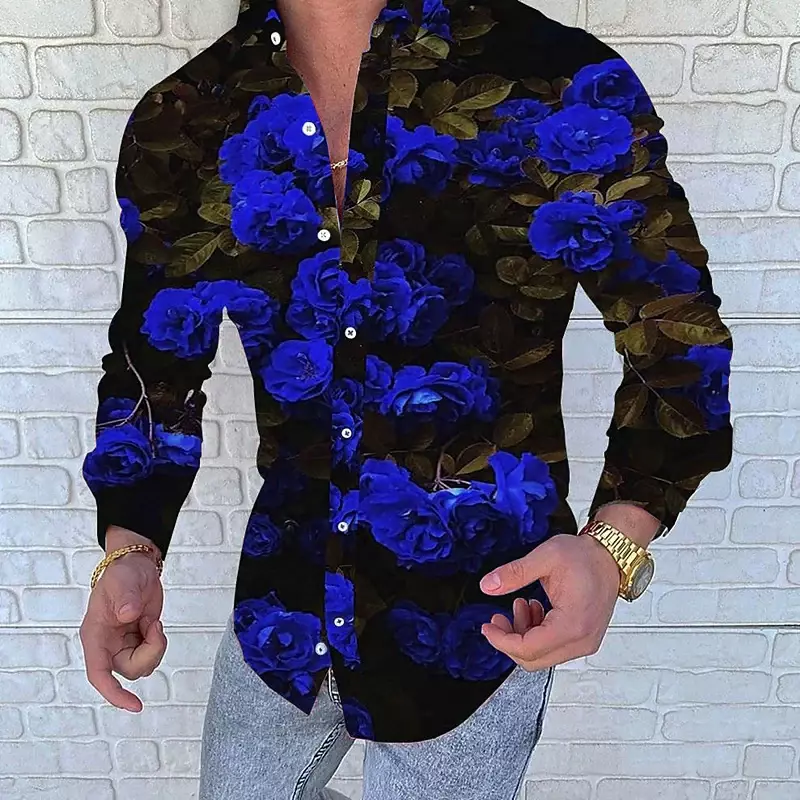 Мужская рубашка с цветочным рисунком, синяя рубашка с отворотами листьев, модная дизайнерская рубашка, новинка 2023, Стильные топы высшего качества