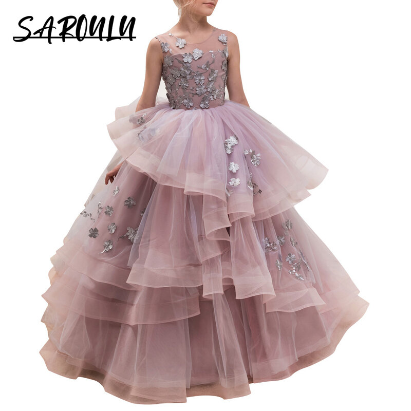 Vestido de baile lilás romântico para meninas, camadas com apliques, pescoço elegante, vestidos florais para festa de casamento, desempenho de aniversário