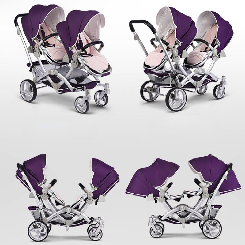 Gêmeo de luxo Carrinho de Bebê Pode sentar ou deitar-se Alta Paisagem Pram Luz E À Prova de Choque Dobrável Duplo carrinho de bebê acessórios