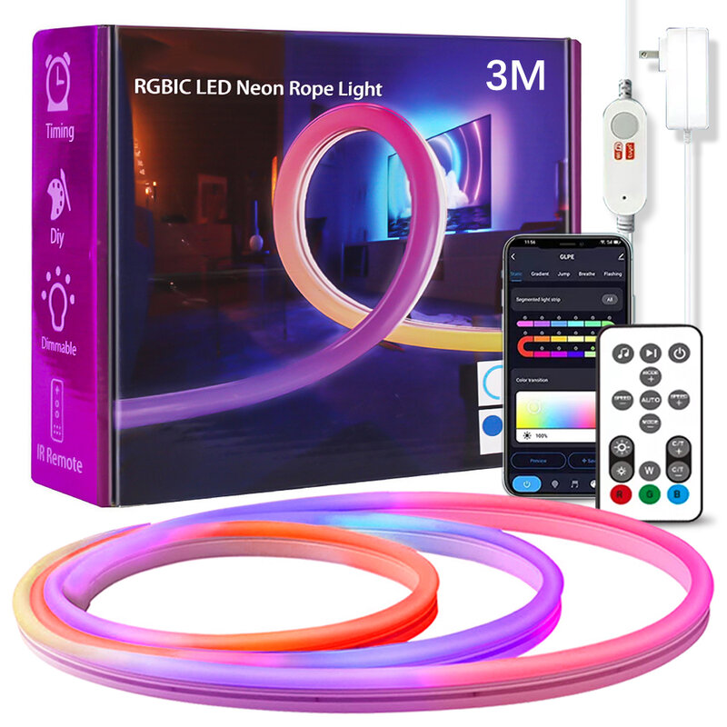 10ft 3M Ip67 Waterdichte Decoratie Rgb Ic Voice Control Smart Tuya App Wifi Remote Flexibele Led Neon Strip Touw Verlichting