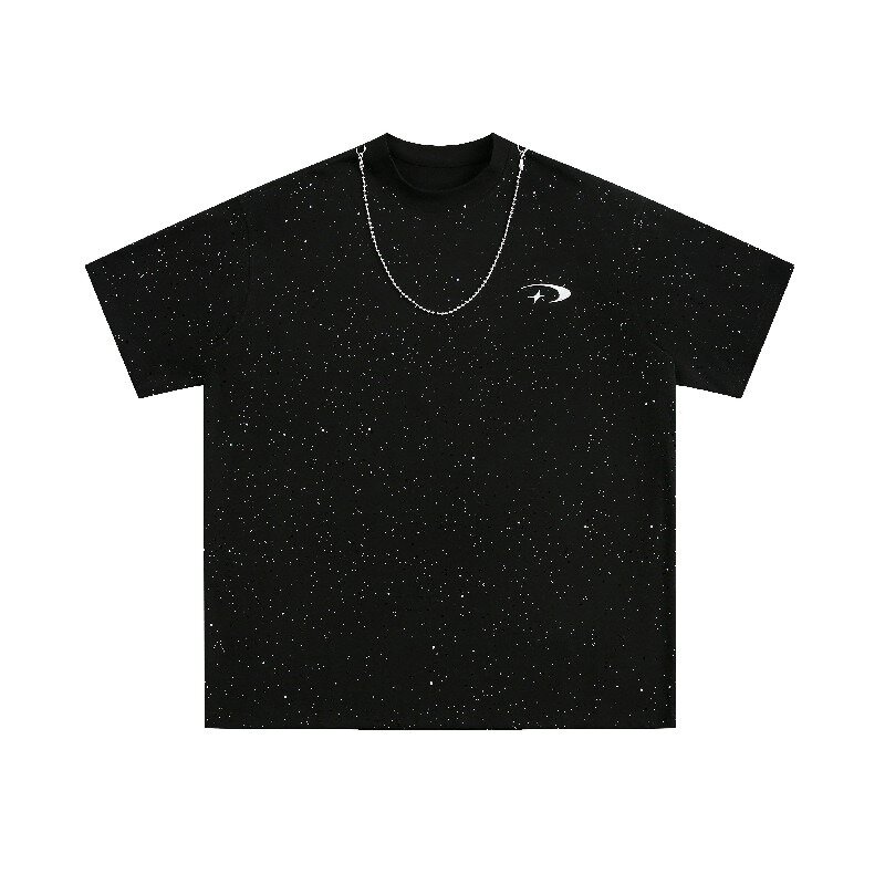 M-2XL! 아메리칸 스타일 별빛 목걸이, 스플라이싱 반팔 티셔츠, 하이 스트리트, 2024 여름 신상