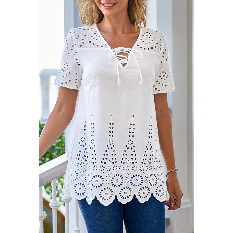 Plus Size Lace Up Hollow Out V Neck Casual Blouses