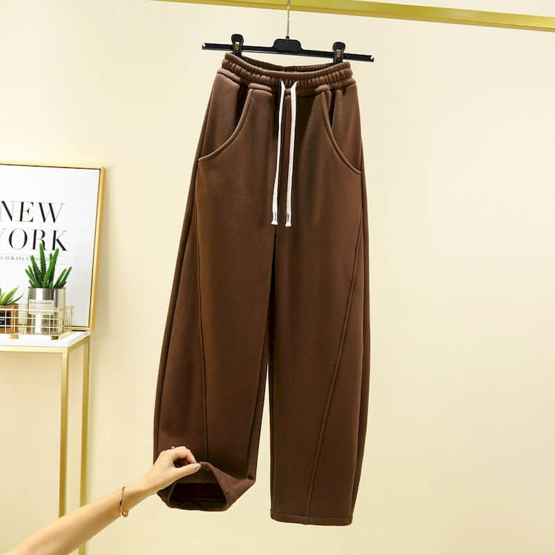 Pantalones bombachos de felpa para mujer, ropa de calle informal Vintage con cintura elástica y cordón, farol
