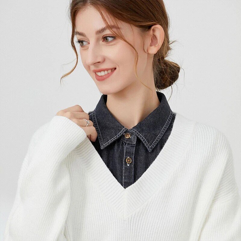ปกเสื้อยีนส์ปลอมแบบถอดออกได้แนววินเทจเสื้อเสื้อผู้หญิงเสื้อสเวตเตอร์เสื้อสเวตเตอร์ด้านในคอตกันหนาว