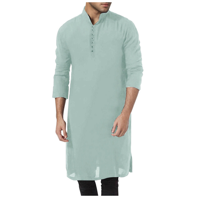 Kaftan jubah Muslim untuk pria, pakaian doa pria gaya etnik, jubah lengan pendek bersirkulasi kasual musim panas