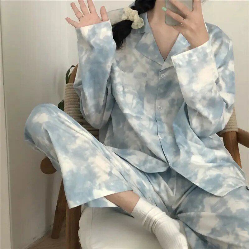 女性用2ピース韓国スタイルプリントパジャマセット,長袖ブラウス,ホームウェア,秋のパジャマ