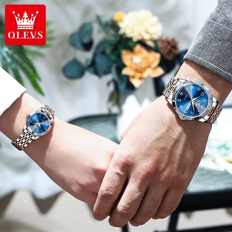 OLEVS 남녀공용 럭셔리 쿼츠 커플 시계, 숫자 다이얼, 마름모 미러, 핸드 시계, 스테인레스 스틸, 오리지널 시계, 9970 신제품