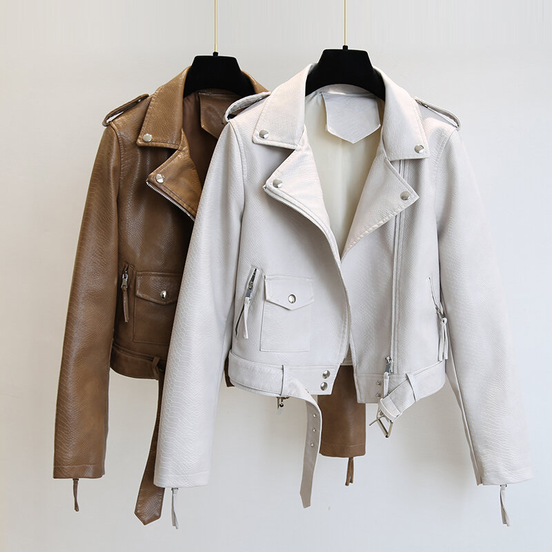 Jaqueta de couro falso para as mulheres, streetwear magro, cáqui, casaco motociclista com cinto, roupas ao ar livre, primavera e outono