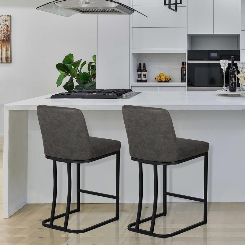 Bangku Bar bangku Bar dengan Set belakang 2 untuk meja dapur 24 inci kursi lapis kulit imitasi rumah pertanian Modern
