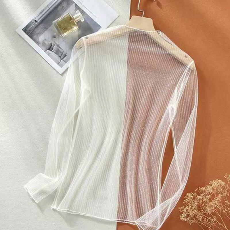 Women Long Sleeve Mesh T-shirts Ultra-thin See-through Lace Long Sleeves Loose Soft Casual Mock Neck Visible Shirt Mesh Tops