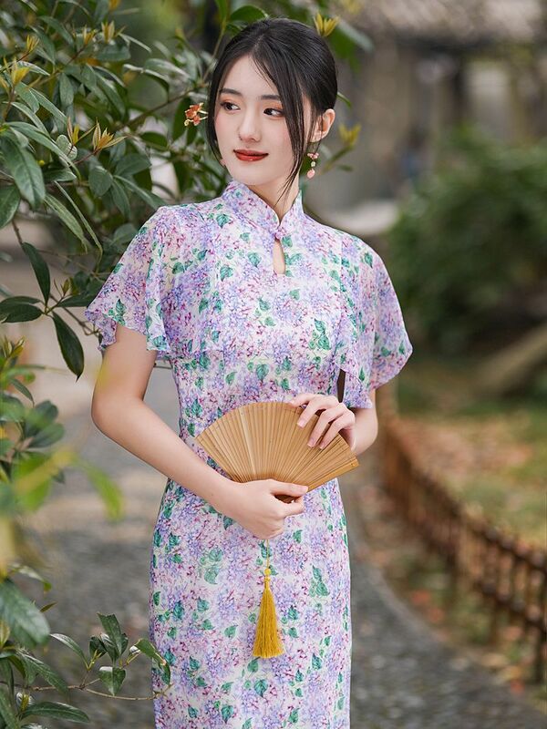 Vestido Cheongsam Vintage para mujer y niña, vestido Sexy de gasa con estampado Floral y cuello caído