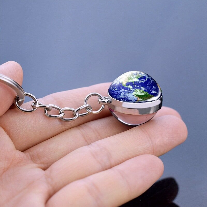 Bola de vidro dupla face Keychain, brilho no escuro, sistema solar, nebulosa, planeta, lua, terra, sol, luminoso anel chave, presente