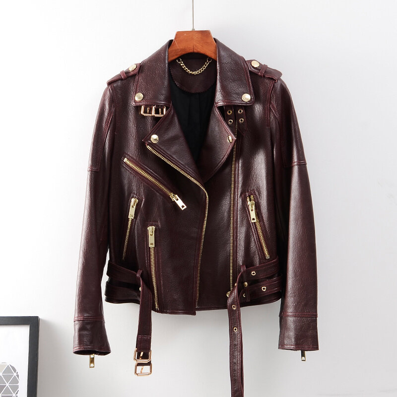 Jaqueta de couro genuíno para mulheres, casaco 100% pele de carneiro, colete feminino de motocicleta, novo, 2023
