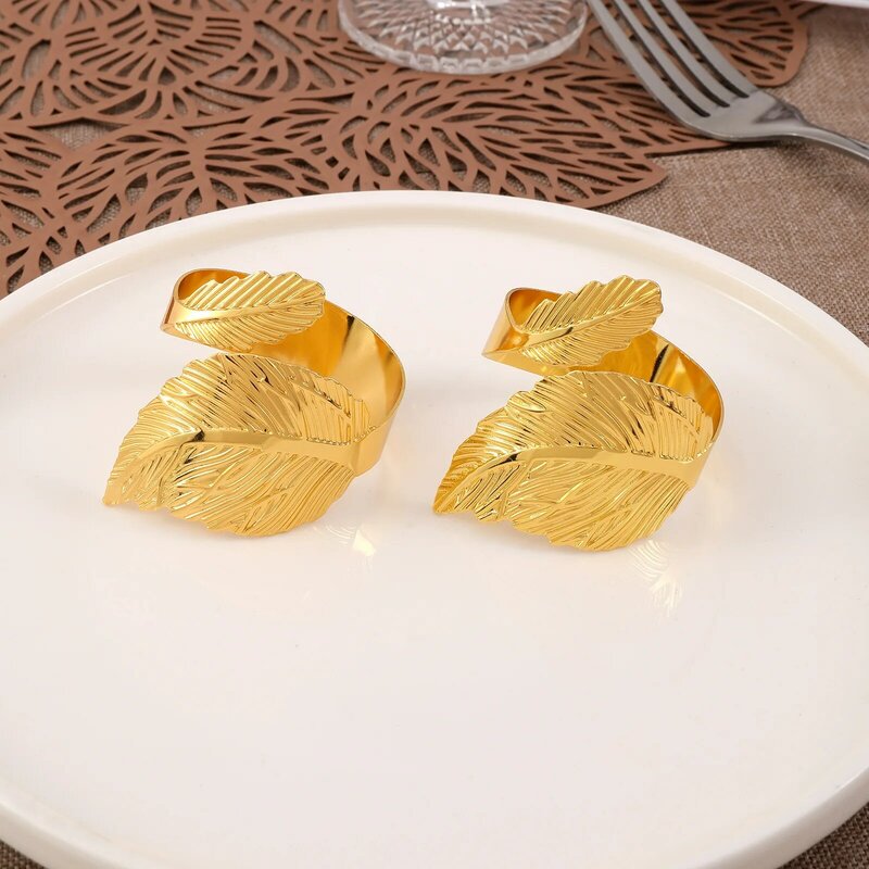 Cincin serbet daun emas, 12 buah/set, dekorasi meja perjamuan pesta pernikahan, gesper serbet daun emas