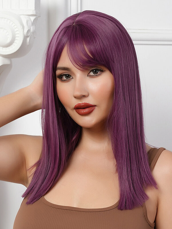 Women's straight purple 19-inch synthetic wig with full bangs is suitable for everyday wear