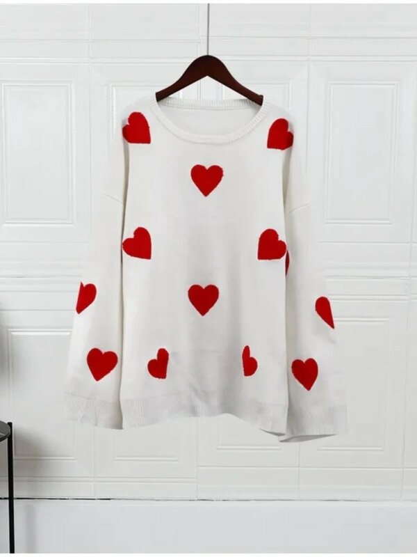 Love Heart Sweater rajut leher O wanita, Sweater Pullover sulaman lengan panjang ukuran besar untuk perempuan