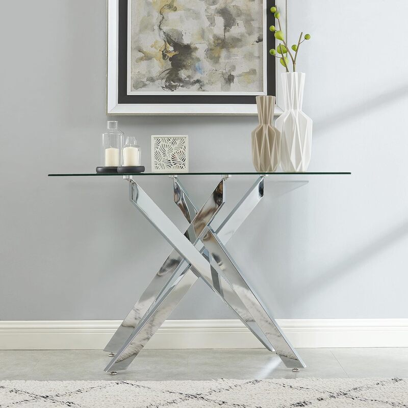 Moderner Konsolen tisch schmaler Sofa tisch mit gehärteter Glasplatte und röhrenförmigen Metallbeinen, 45 "lx18 bx30 h, silber