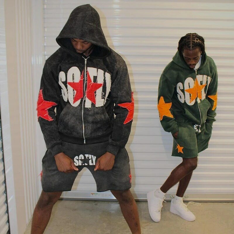 Retro Clothing Men Y2K Graphic Patchwork Short Sets Hip Hop Letter Star Pattern Zip Up Hoodie and Shorts Oversized Tracksuit