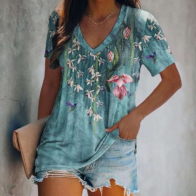 Damen Luxus T-Shirts 3d Schmetterling drucken Kurzarm V-Ausschnitt T-Shirts für Frauen Tops Sommer Mode lässig Farbverlauf Mädchen